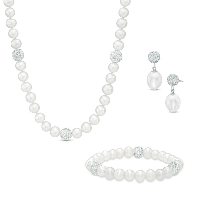 Main Image 1 of 6.0-8.0mm Freshwater Cultured Pearl and Crystal Strand Necklace, Bracelet and Drop Earrings Set in Sterling Silver
