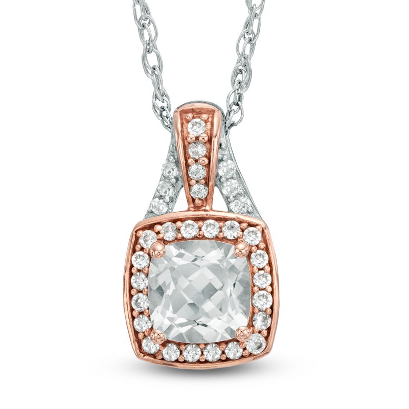 Main Image 1 of 6.0mm Cushion-Cut Lab-Created White Sapphire Pendant in Sterling Silver with 14K Rose Gold Plate