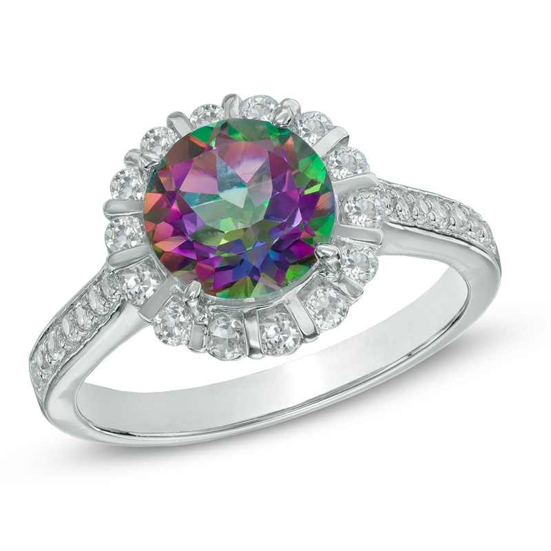 Main Image 1 of 8.0mm Green Mystic Fire® Topaz and White Topaz Frame Ring in Sterling Silver
