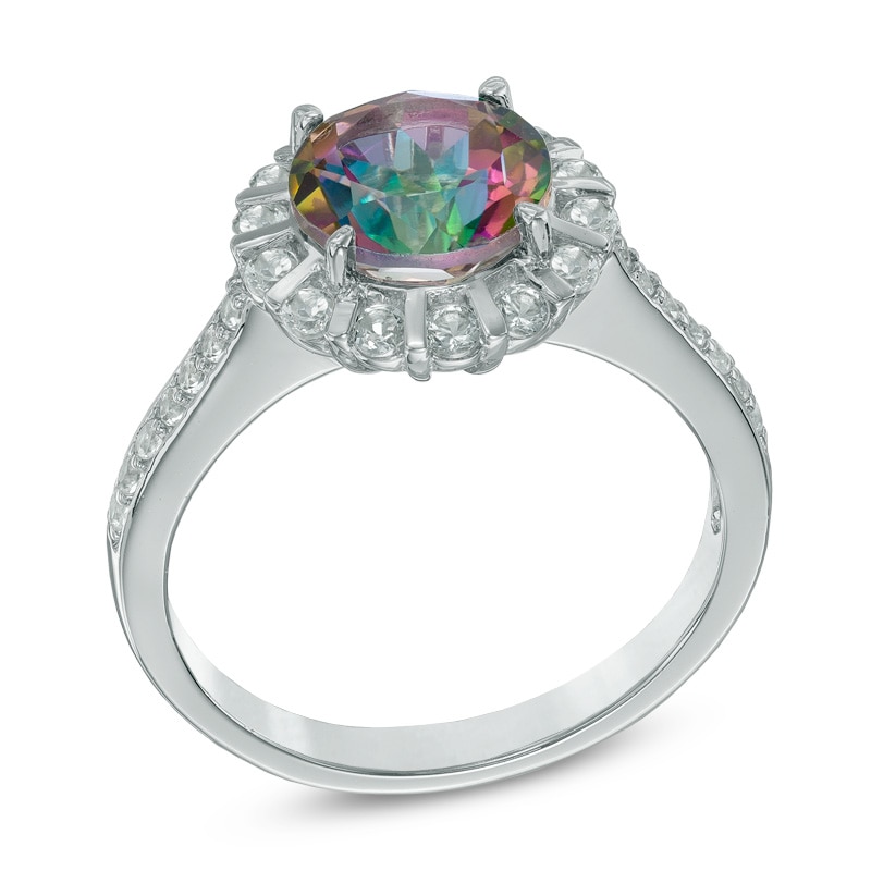 Main Image 2 of 8.0mm Green Mystic Fire® Topaz and White Topaz Frame Ring in Sterling Silver
