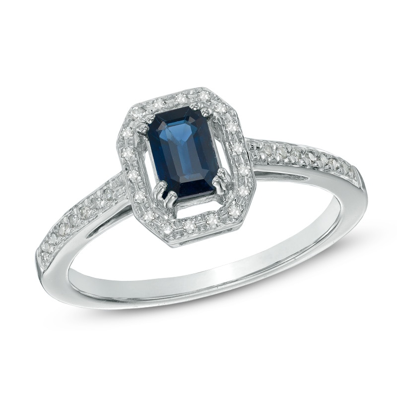 Main Image 1 of Emerald-Cut Blue Sapphire and Diamond Accent Frame Ring in 10K White Gold