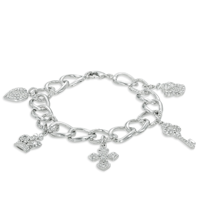 Main Image 1 of Crystal Charm Bracelet in White Rhodium Brass - 7.5"