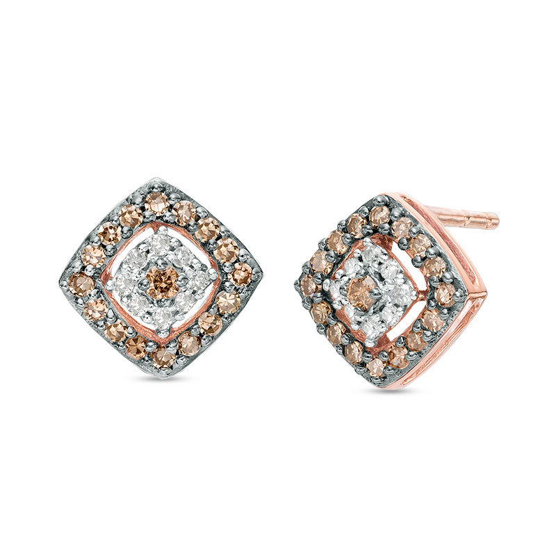 1/4 CT. T.W. Champagne and White Diamond Double Square Frame Stud Earrings in 10K Rose Gold