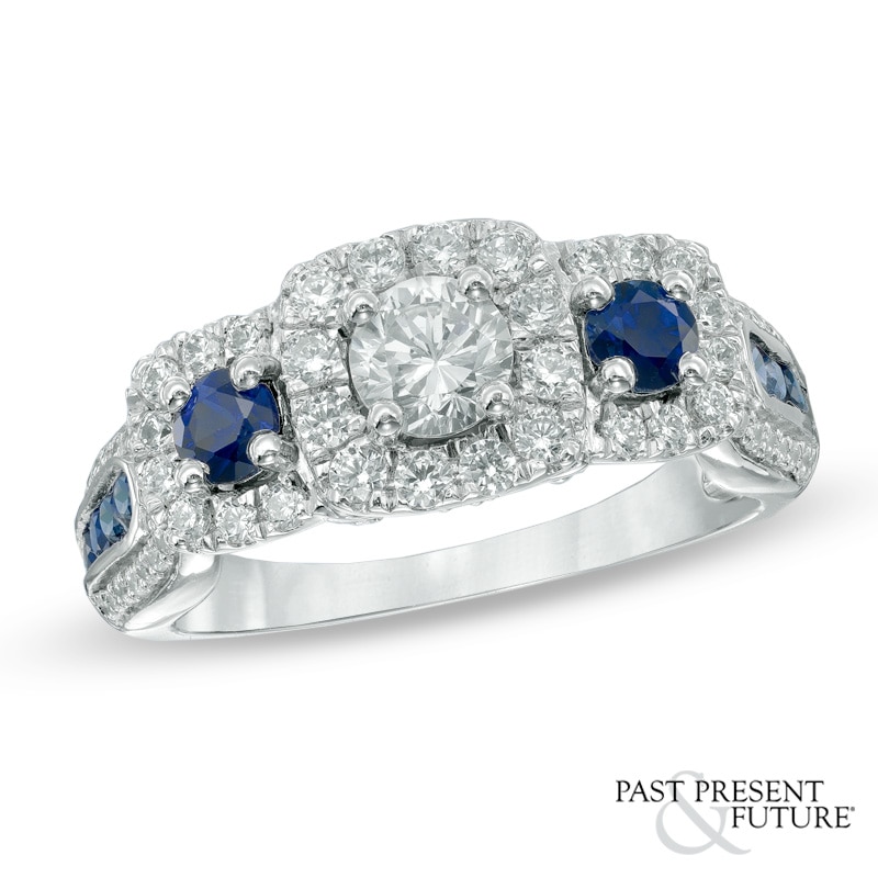 7/8 CT. T.W. Diamond and Blue Sapphire Past Present Future® Ring in 14K White Gold