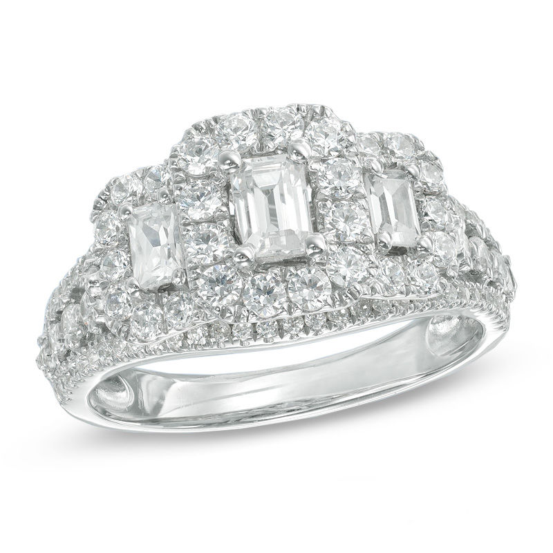 1-1/2 CT. T.W. Certified Emerald-Cut Diamond Past Present Future® Ring in 14K White Gold (I/I1)