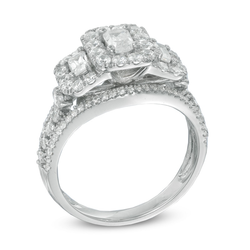 1-1/2 CT. T.W. Certified Emerald-Cut Diamond Past Present Future® Ring in 14K White Gold (I/I1)