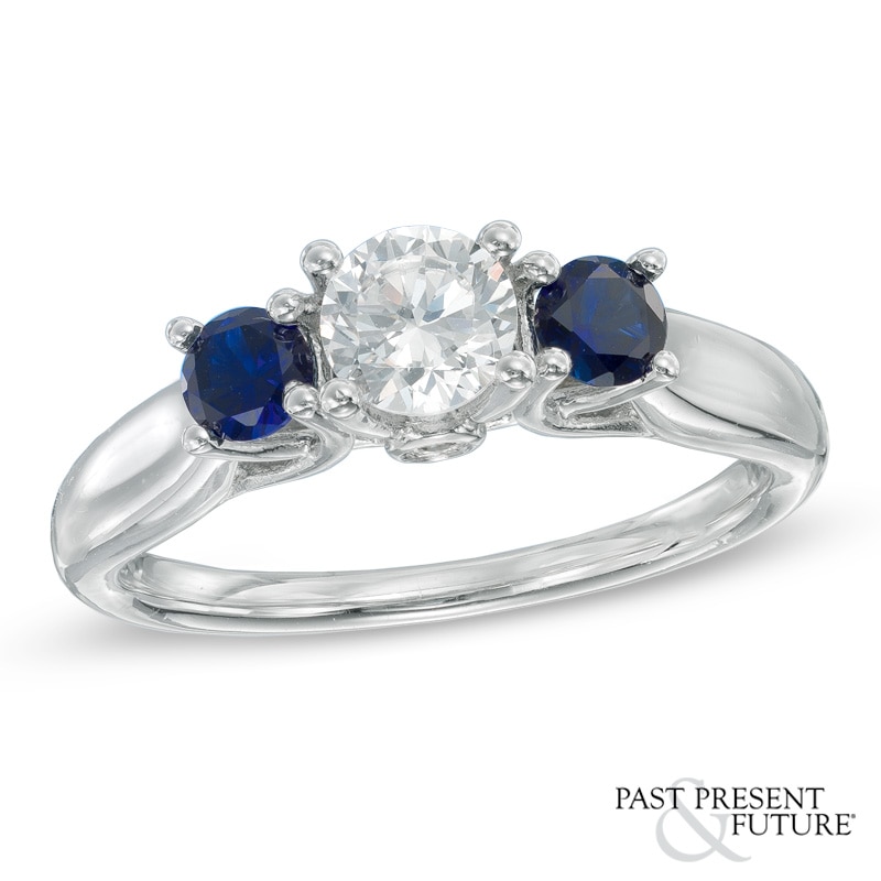 1/2 CT. T.W. Diamond and Blue Sapphire Past Present Future® Engagement Ring in 14K White Gold