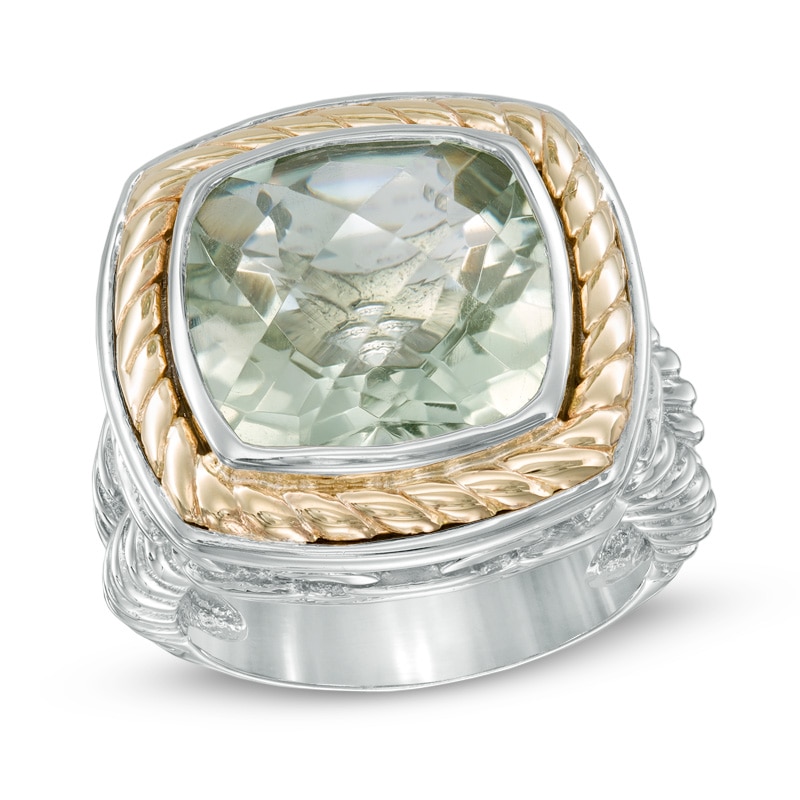 Cushion-Cut Green Quartz Ring in Sterling Silver and 14K Gold