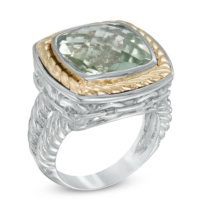 Main Image 2 of Cushion-Cut Green Quartz Ring in Sterling Silver and 14K Gold