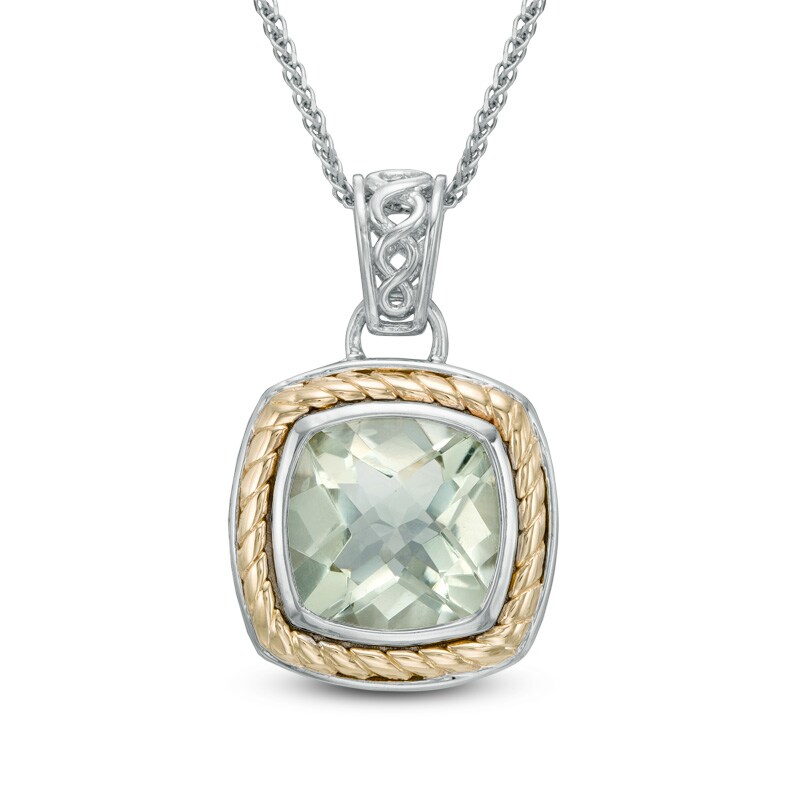 Main Image 1 of Cushion-Cut Green Quartz Pendant in Sterling Silver and 14K Gold