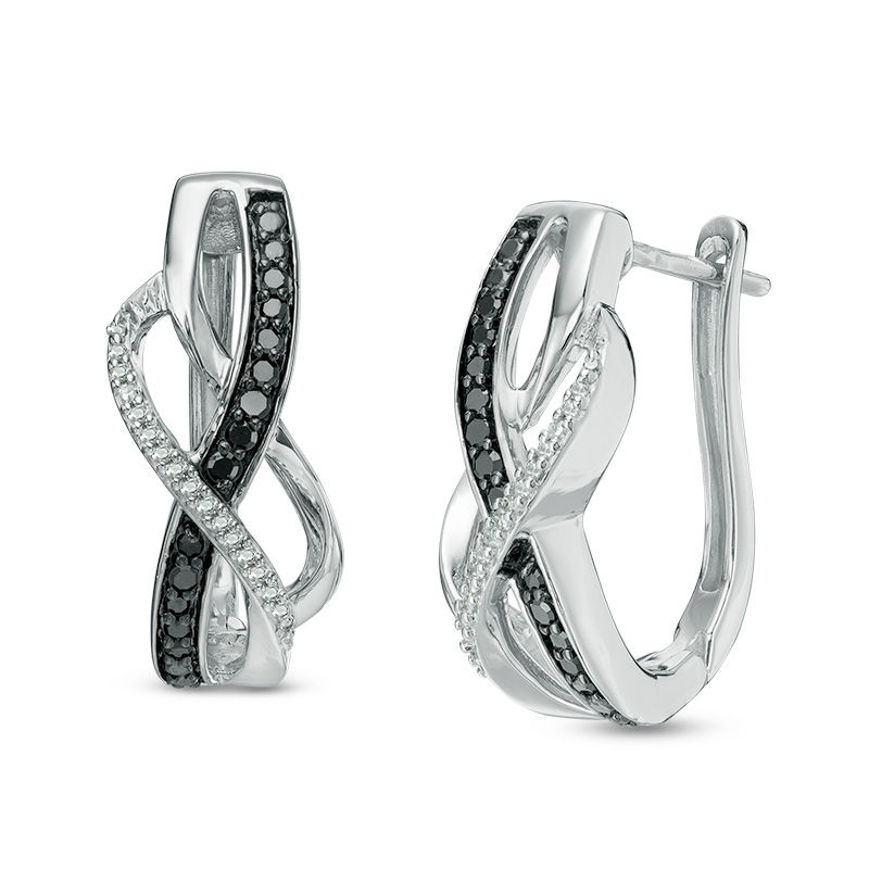 Main Image 1 of 1/4 CT. T.W. Enhanced Black and White Diamond Wave Hoop Earrings in Sterling Silver
