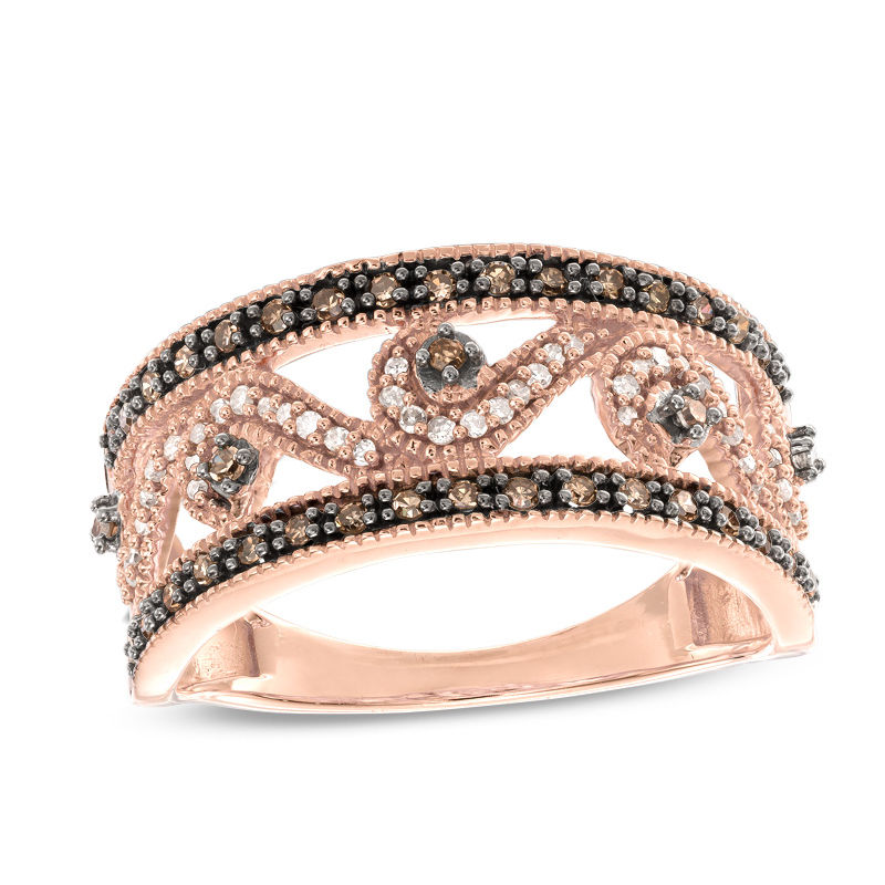Main Image 1 of 1/3 CT. T.W. Champagne and White Diamond Vintage-Style Scroll Band in 10K Rose Gold