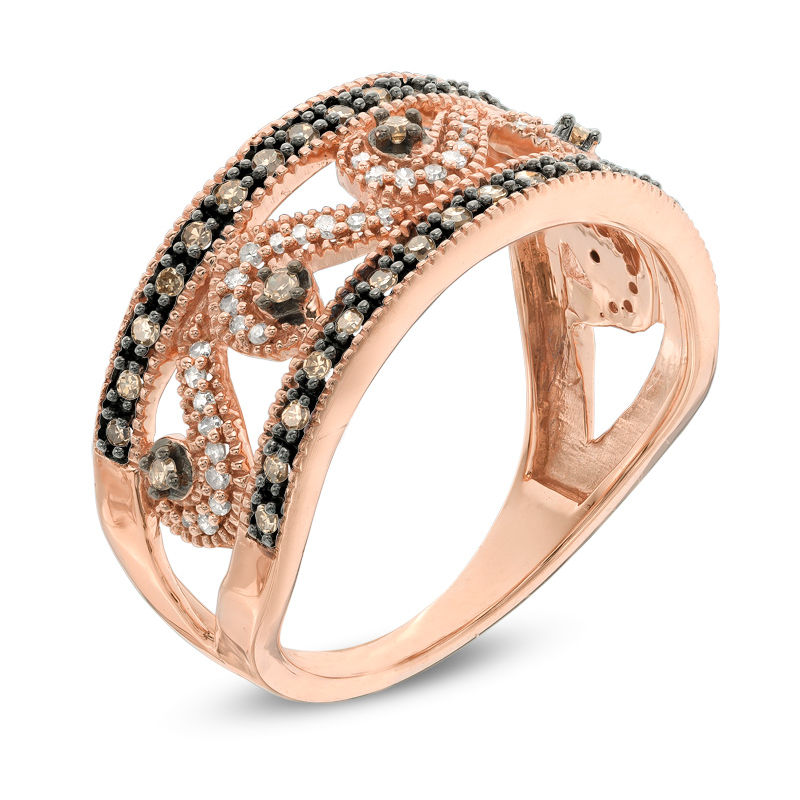 Main Image 2 of 1/3 CT. T.W. Champagne and White Diamond Vintage-Style Scroll Band in 10K Rose Gold