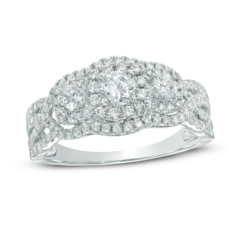 1 CT. T.W. Certified Canadian Diamond Twist Frame Three Stone Ring in 14K White Gold (I/I2)