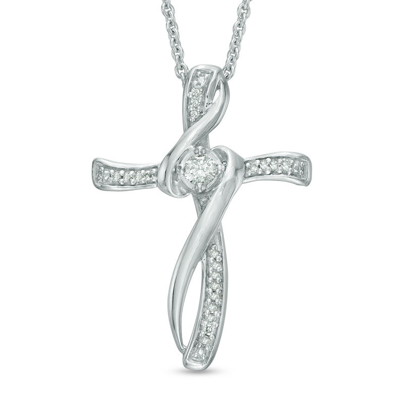 Main Image 1 of 1/10 CT. T.W. Diamond Bypass Cross Pendant in Sterling Silver