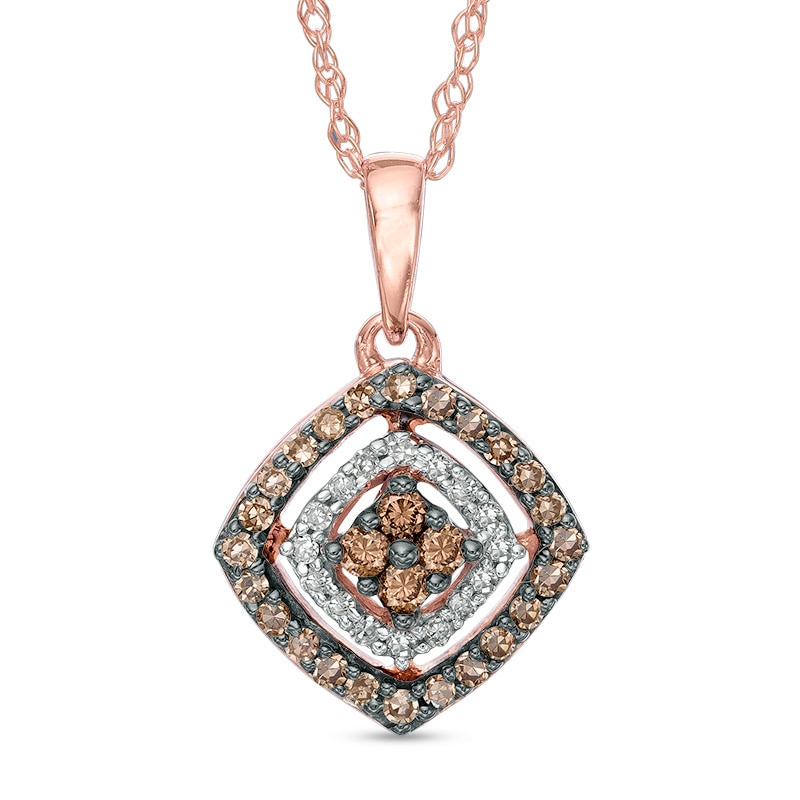 Main Image 1 of 1/4 CT. T.W. Champagne and White Composite Diamond Tilted Double Square Frame Pendant in 10K Rose Gold