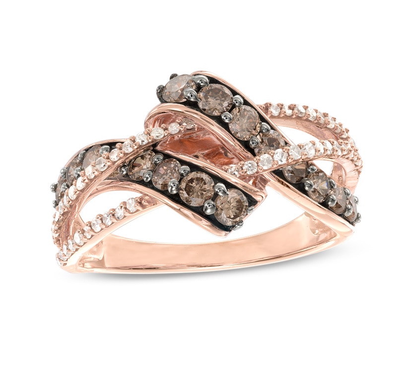1 CT. T.W. Champagne and White Diamond Wave Double Row Ring in 10K Rose Gold