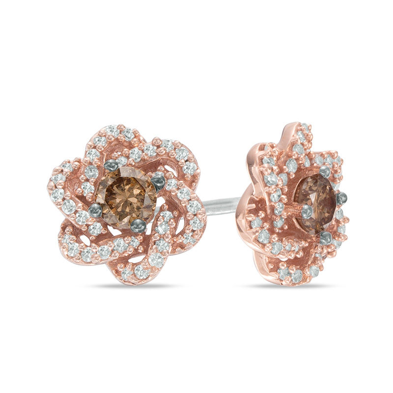 1/3 CT. T.W. Champagne and White Diamond Woven Stud Earrings in 10K Rose Gold