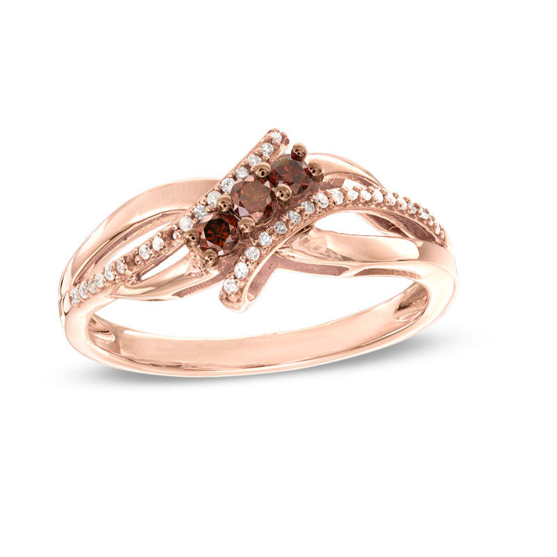 Main Image 1 of 1/5 CT. T.W. Enhanced Cognac and White Diamond Three Stone Bypass Ring in 10K Rose Gold