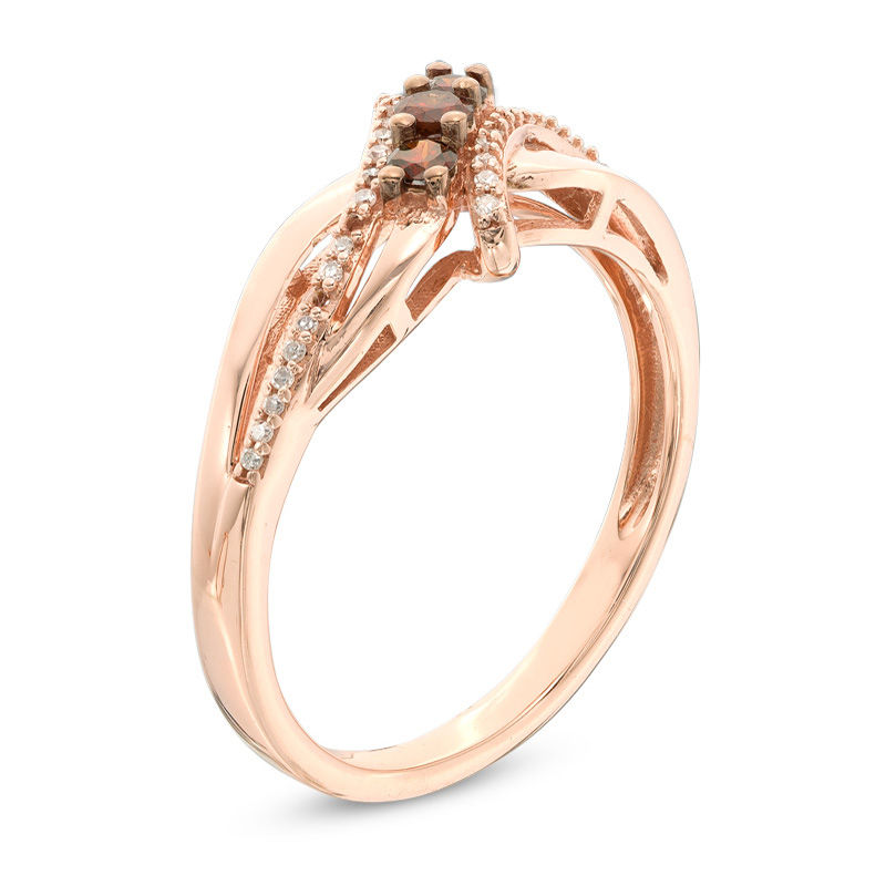 1/5 CT. T.W. Enhanced Cognac and White Diamond Three Stone Bypass Ring in 10K Rose Gold
