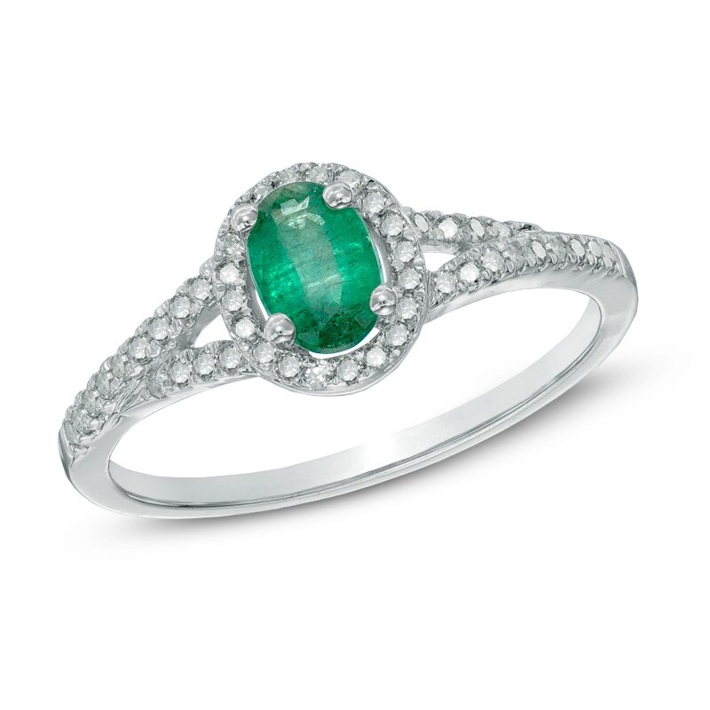 Main Image 1 of Oval Emerald and 1/6 CT. T.W. Diamond Frame Ring in 10K White Gold