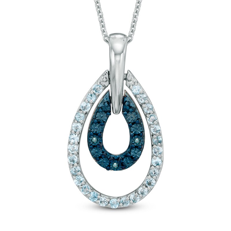 Main Image 1 of Blue Topaz and Enhanced Blue Diamond Accent Double Teardrop Pendant in Sterling Silver