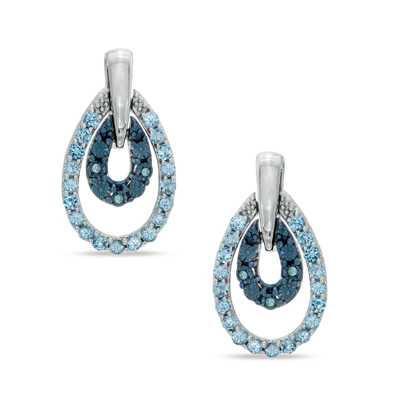 Blue Topaz and Enhanced Blue Diamond Accent Double Teardrop Earrings in Sterling Silver