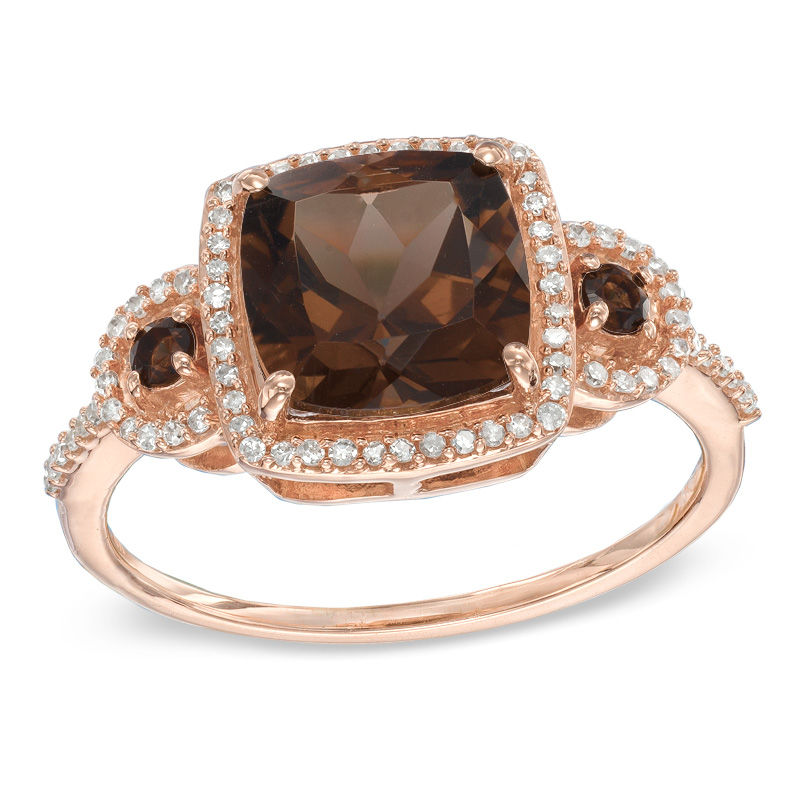 8.0mm Cushion-Cut Smoky Quartz and 1/8 CT. T.W. Diamond Ring in 10K Rose Gold