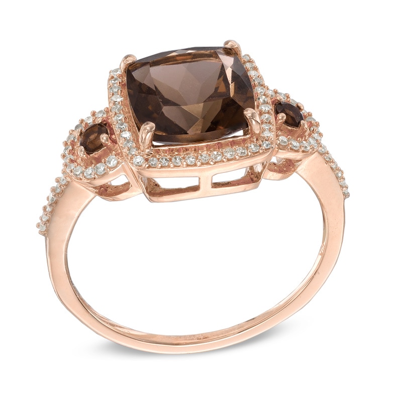 8.0mm Cushion-Cut Smoky Quartz and 1/8 CT. T.W. Diamond Ring in 10K Rose Gold