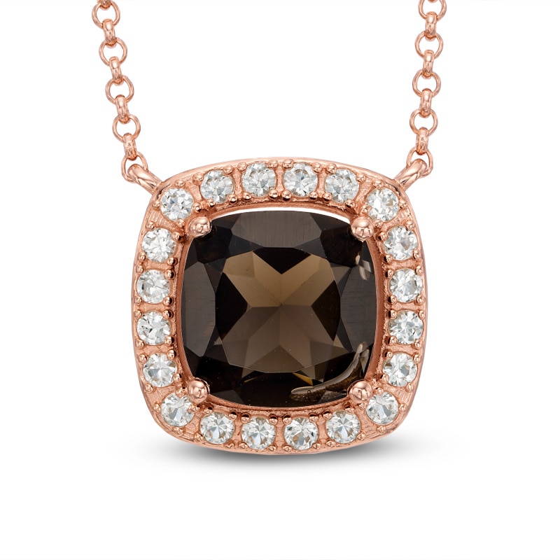 Main Image 1 of 10.0mm Cushion-Cut Smoky Quartz and Lab-Created White Sapphire Necklace in Sterling Silver with 18K Rose Gold Plate