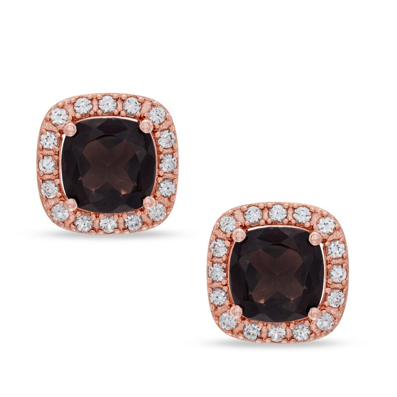 8.0mm Cushion-Cut Smoky Quartz and Lab-Created White Sapphire Earrings in Sterling Silver with 18K Rose Gold Plate