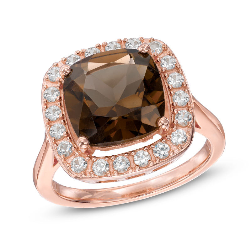 Cushion-Cut Smoky Quartz and Lab-Created White Sapphire Frame Ring in Sterling Silver with 18K Rose Gold Plate