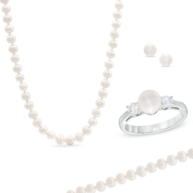 Main Image 1 of 6.5-7.0mm Freshwater Cultured Pearl and Lab-Created White Sapphire Four-Piece Set in Sterling Silver-Size 7