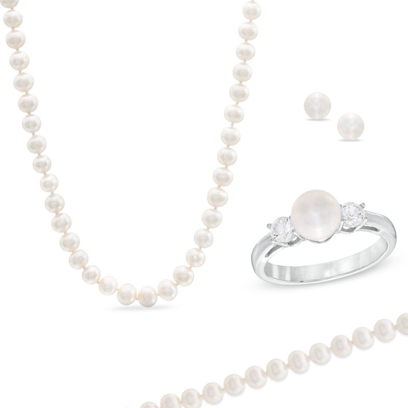 6.5 - 7.0mm Cultured Freshwater Pearl and Lab-Created White Sapphire Four-Piece Set in Sterling Silver - Size 7