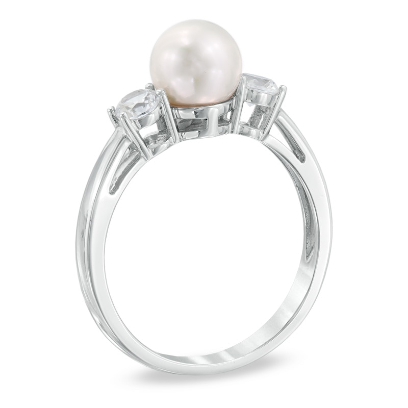 6.5 - 7.0mm Cultured Freshwater Pearl and Lab-Created White Sapphire Four-Piece Set in Sterling Silver - Size 7