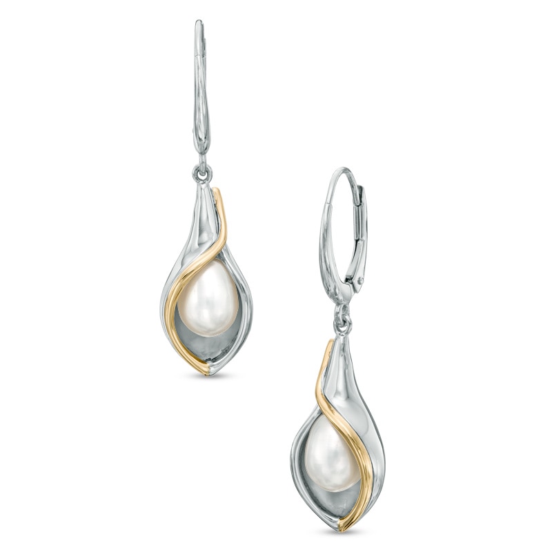 Main Image 1 of 9.0 x 7.0mm Freshwater Cultured Pearl Calla Lily Drop Earrings in Sterling Silver and 14K Gold Plate