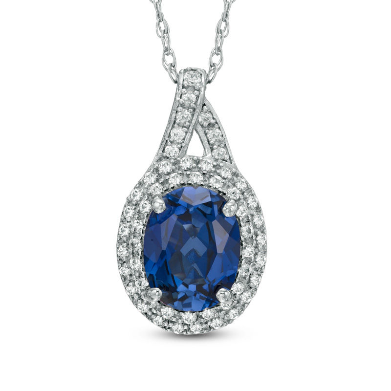 Main Image 1 of Oval Lab-Created Blue and White Sapphire Pendant in Sterling Silver