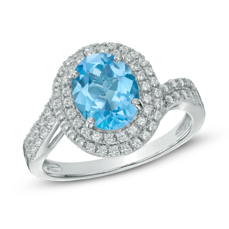 Oval Swiss Blue Topaz and Lab-Created White Sapphire Double Frame Ring in Sterling Silver