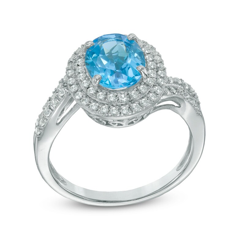 Oval Swiss Blue Topaz and Lab-Created White Sapphire Double Frame Ring in Sterling Silver