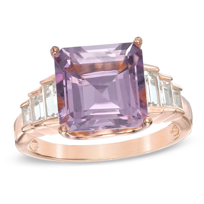 10.0mm Rose de France Amethyst and Lab-Created White Sapphire Ring in Sterling Silver with 18K Rose Gold Plate