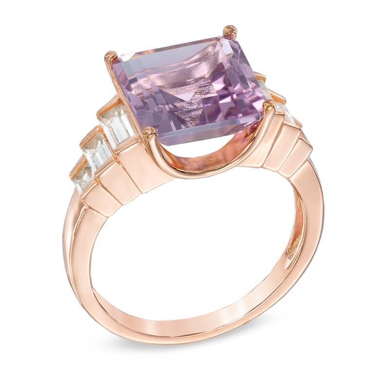 10.0mm Rose de France Amethyst and Lab-Created White Sapphire Ring in Sterling Silver with 18K Rose Gold Plate