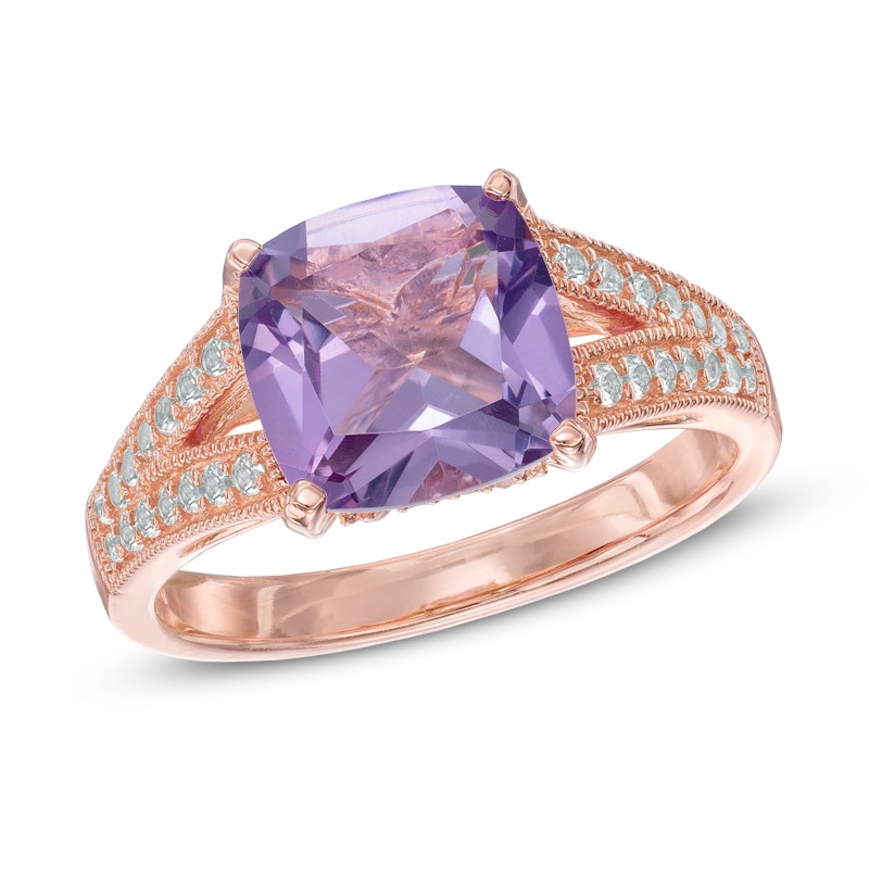 9.0mm Rose de France Amethyst and Lab-Created White Sapphire Ring in Sterling Silver with 18K Rose Gold Plate