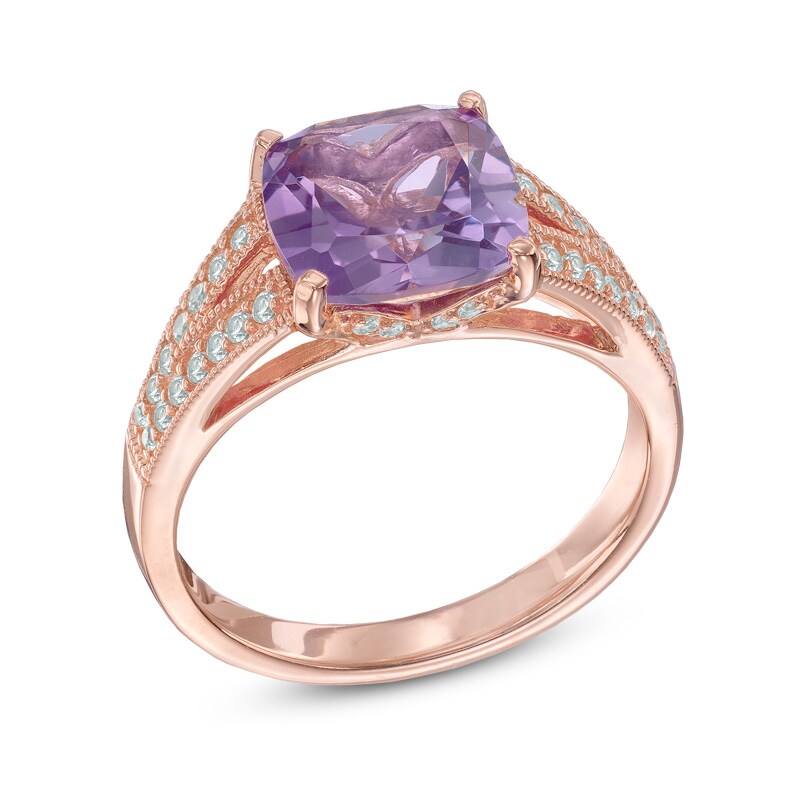 9.0mm Rose de France Amethyst and Lab-Created White Sapphire Ring in Sterling Silver with 18K Rose Gold Plate