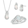 Thumbnail Image 0 of Oval Lab-Created Opal and White Sapphire Pendant, Ring and Stud Earrings Set in Sterling Silver - Size 7