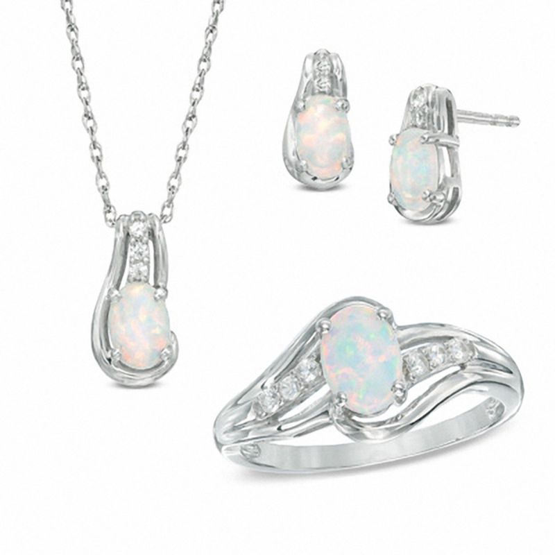 Oval Lab-Created Opal and White Sapphire Pendant, Ring and Stud Earrings  Set in Sterling Silver - Size 7