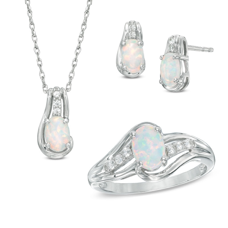 Main Image 1 of Oval Lab-Created Opal and White Sapphire Pendant, Ring and Stud Earrings Set in Sterling Silver - Size 7