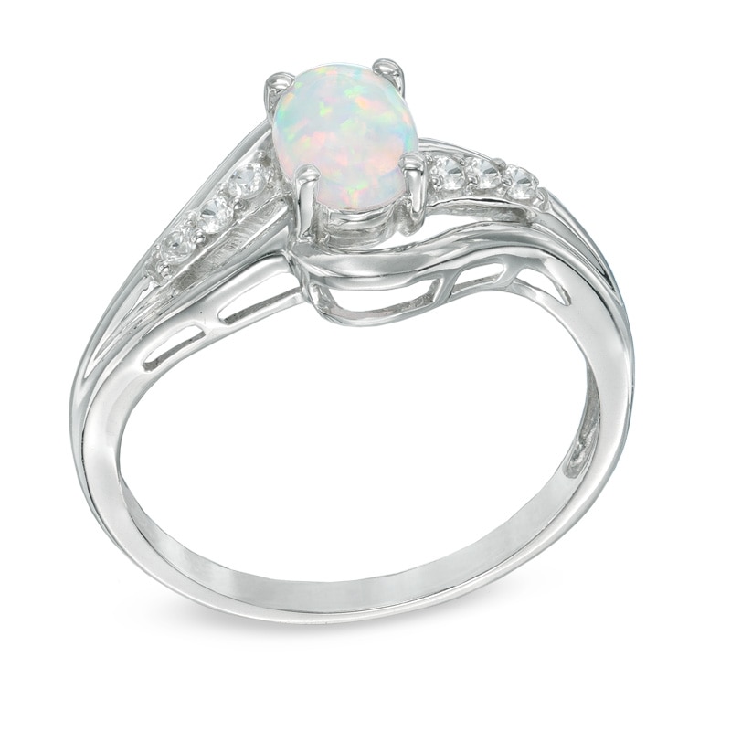 Main Image 2 of Oval Lab-Created Opal and White Sapphire Pendant, Ring and Stud Earrings Set in Sterling Silver - Size 7
