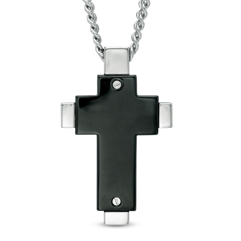 Men's Diamond Accent Cross Pendant in Two-Tone Stainless Steel - 24"