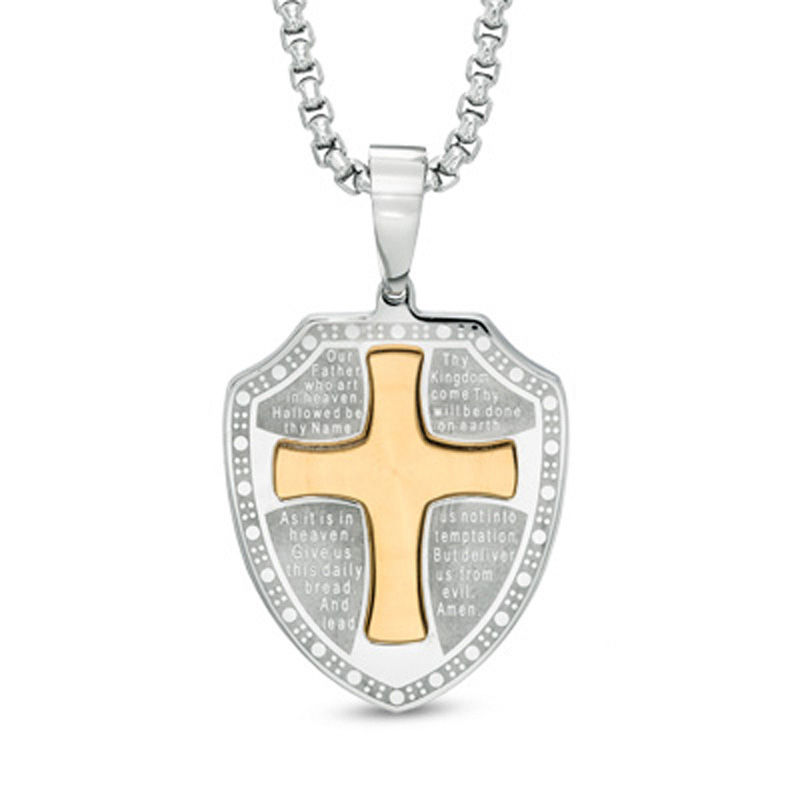 Men's Lord's Prayer Shield Pendant in Two-Tone Stainless Steel - 24"