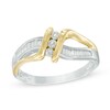 Thumbnail Image 1 of 1/4 CT. T.W. Baguette and Round Diamond Three Stone Crossover Split Shank Ring in 10K Two-Tone Gold